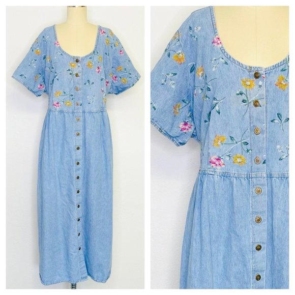 Vintage Dresses & Skirts - Vintage Y2k 2000s Denim floral button Front Maxi Dress Size XL Large CottageCore
